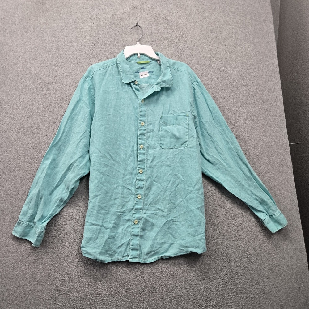 Tommy Bahama Men Button Up Shirt 2XL Blue 100% Linen Long Sleeve Lightweight